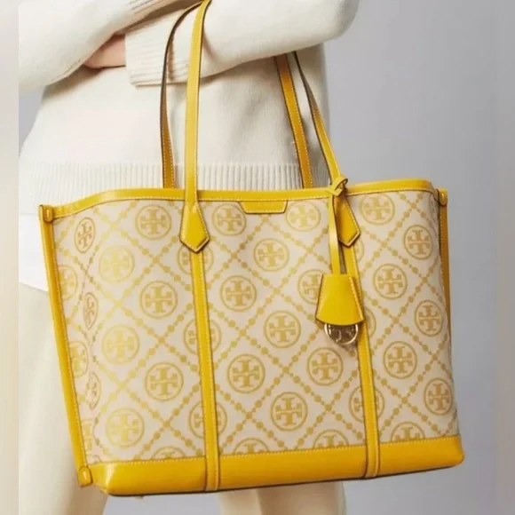 Tory Burch Perry Monogram Jacquard Triple-Compartment Tote in Goldfinch - Picture 7 of 9